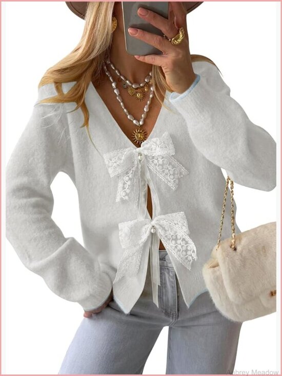 Sweaters - Bow Tie V Neck Lightweight Cardigan Sweater Open Front Knit Crop Top